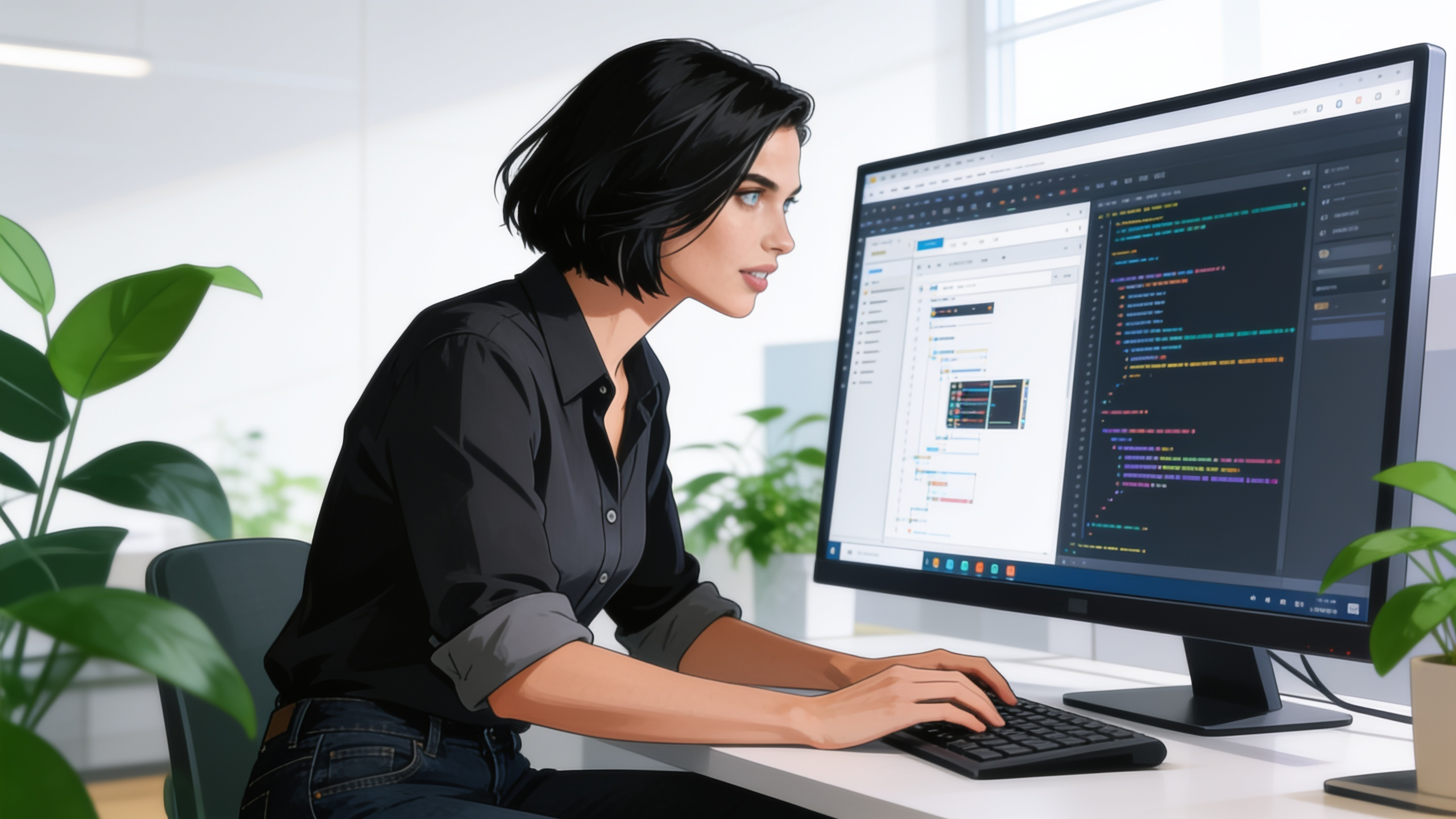 Pepper bei der Webentwicklung an einem großen Monitor